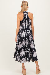 Black Floral Pleated Halter Neck Maternity Midi Dress