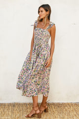 Pink Floral Smocked Shoulder Tie Midi Dress