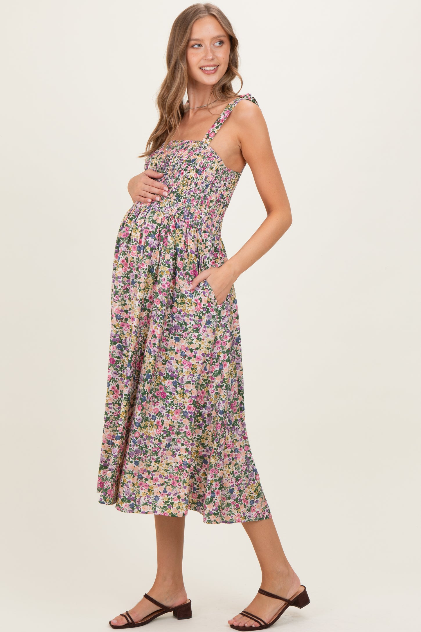 Pink Floral Smocked Shoulder Tie Maternity Midi Dress