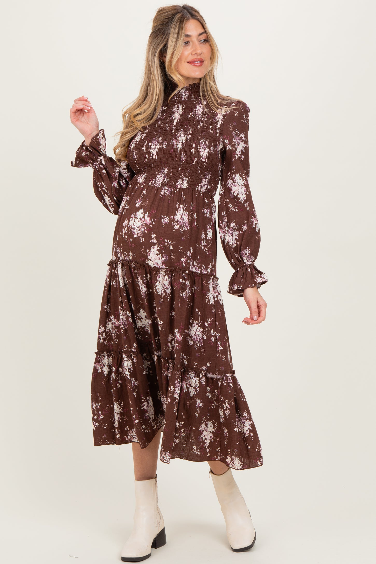 Brown Floral Smocked Ruffle Tier Maternity Midi Dress