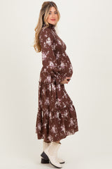 Brown Floral Smocked Ruffle Tier Maternity Midi Dress