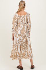 Mocha Damask Smocked Ruffle Tier Maternity Midi Dresses