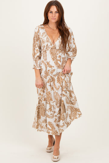 Mocha Damask Smocked Ruffle Tier Midi Dresses