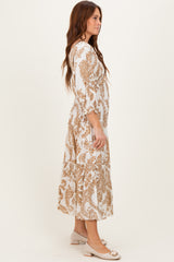Mocha Damask Smocked Ruffle Tier Midi Dresses