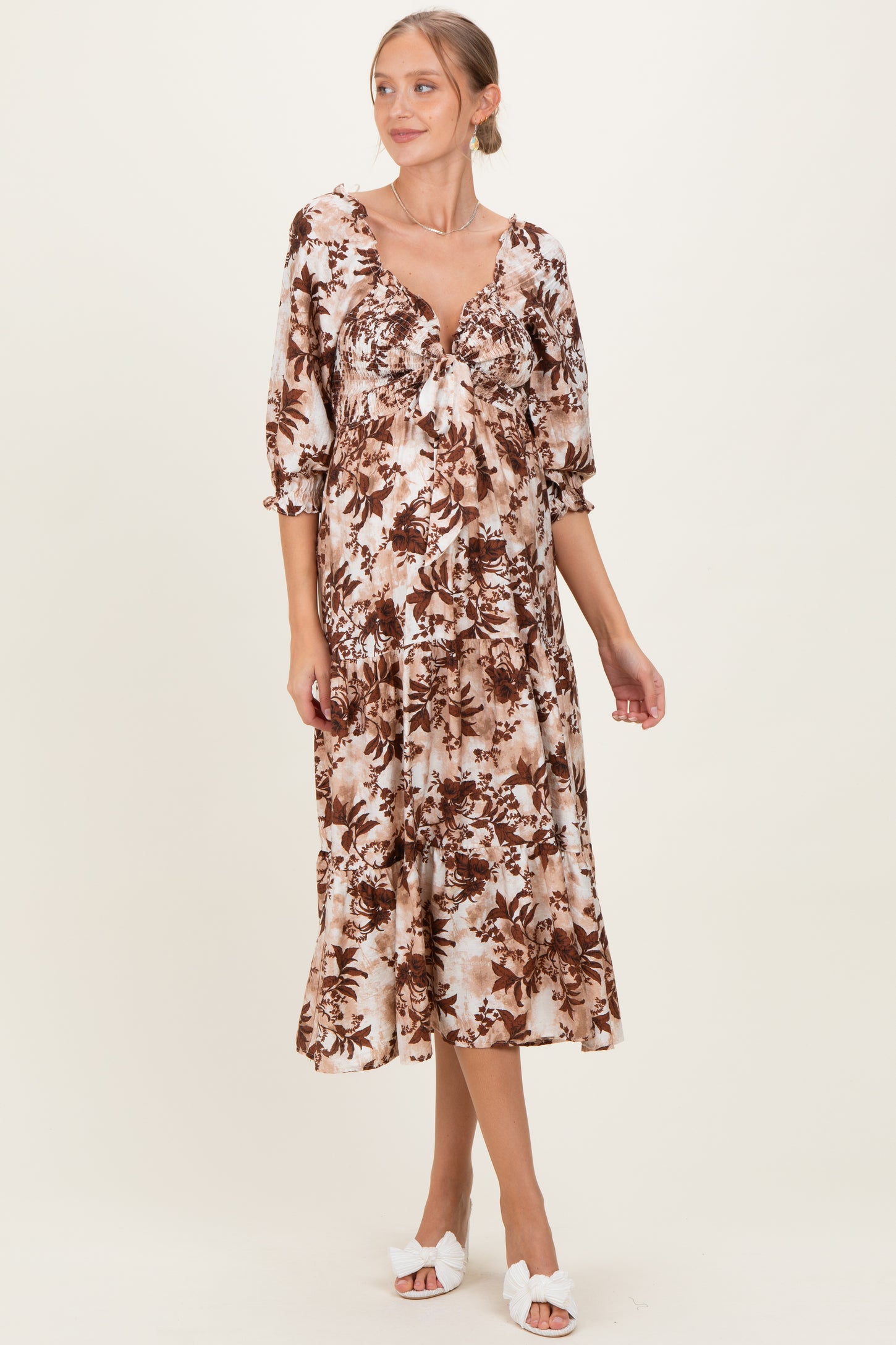 Brown Floral Smocked Front Tie Maternity Maxi Dress
