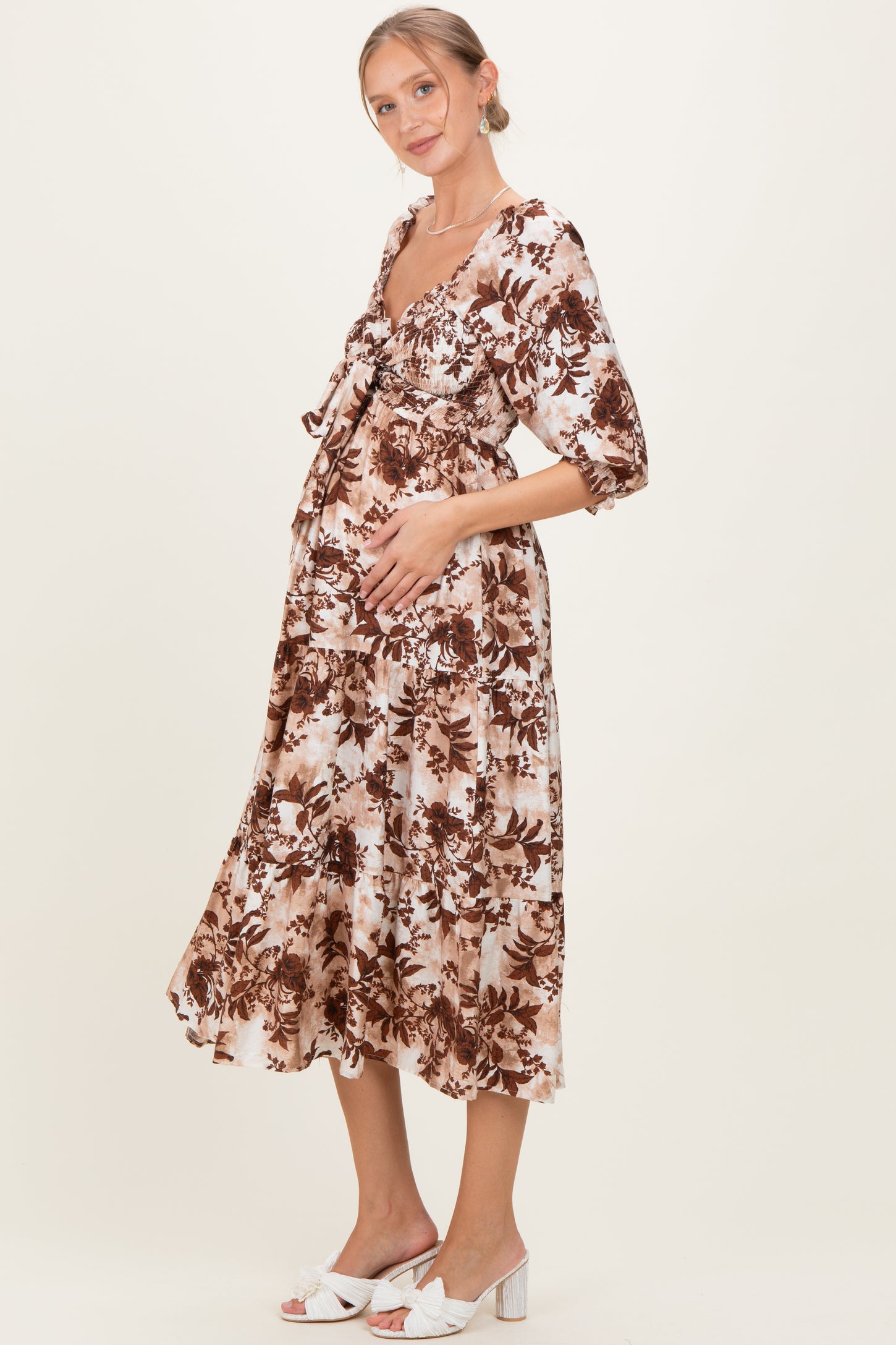 Brown Floral Smocked Front Tie Maternity Maxi Dress
