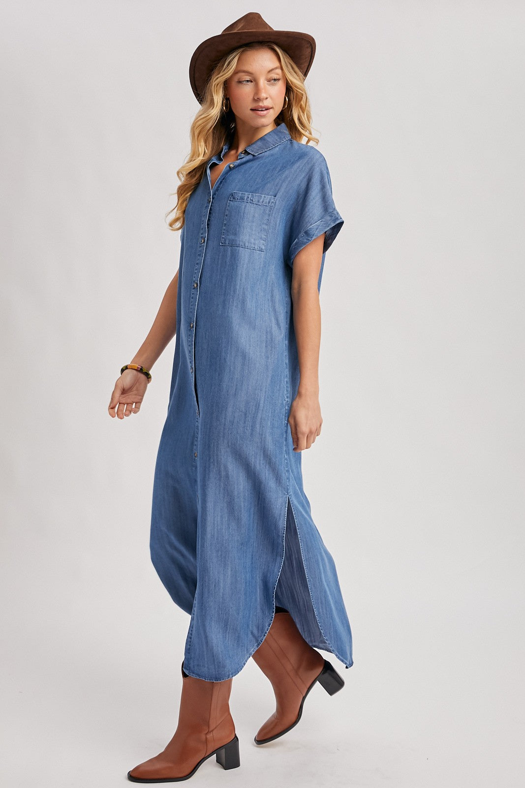 Blue Chambray Button Down Maternity Shirt Dress