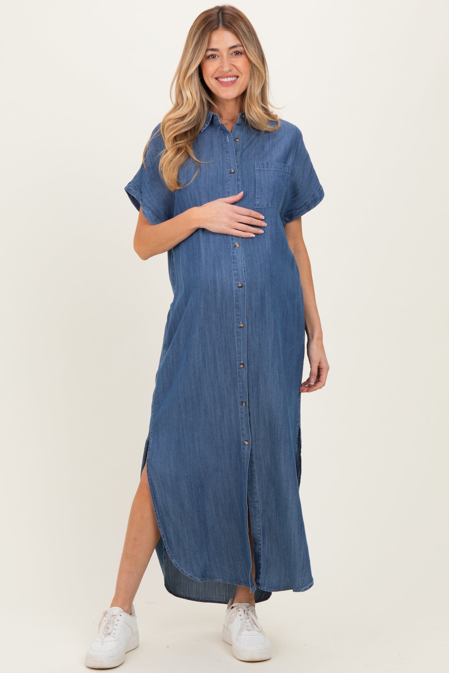 Blue Chambray Button Down Maternity Shirt Dress – PinkBlush