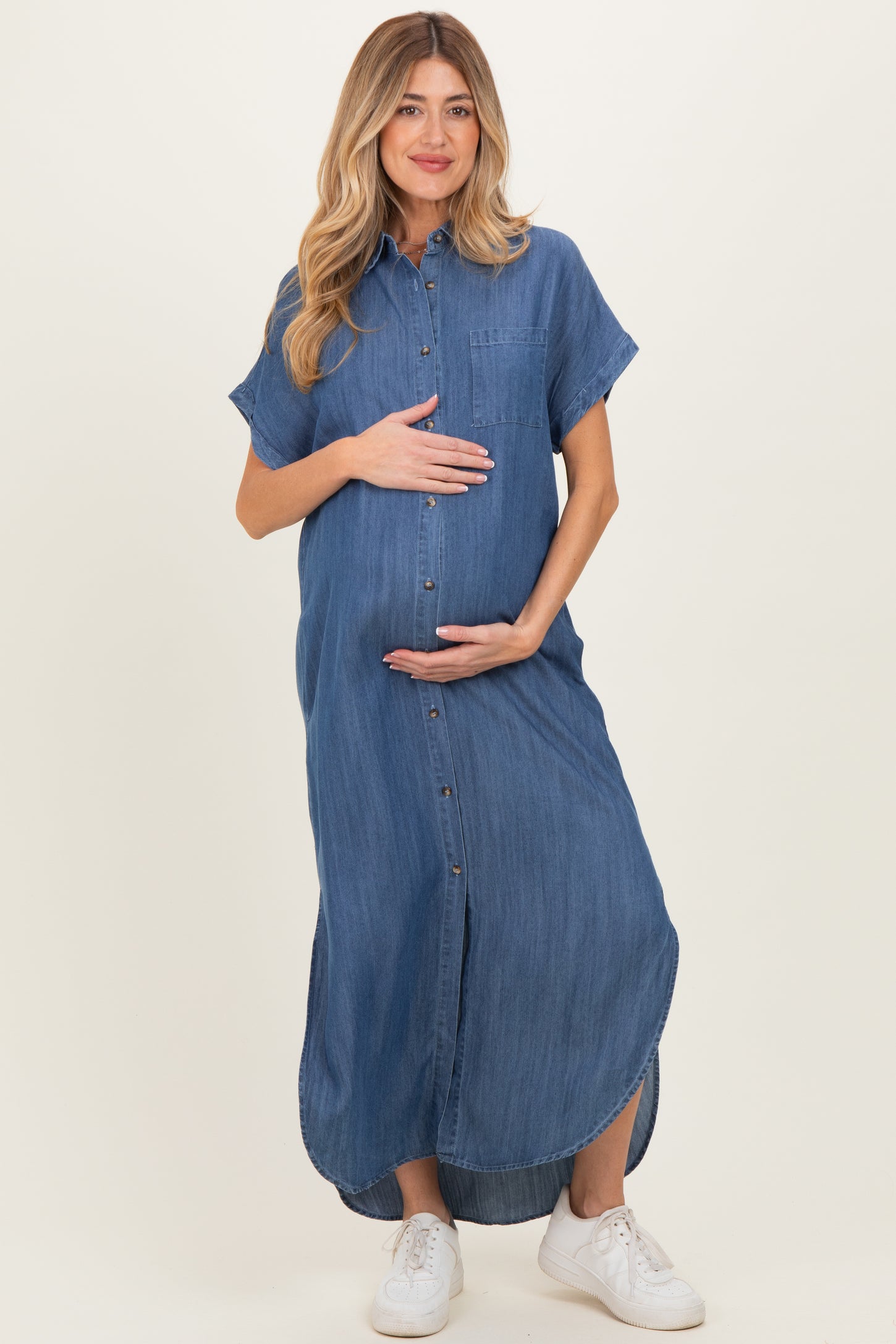 Blue Chambray Button Down Maternity Shirt Dress Blue Chambray Button Down Maternity Shirt Dress