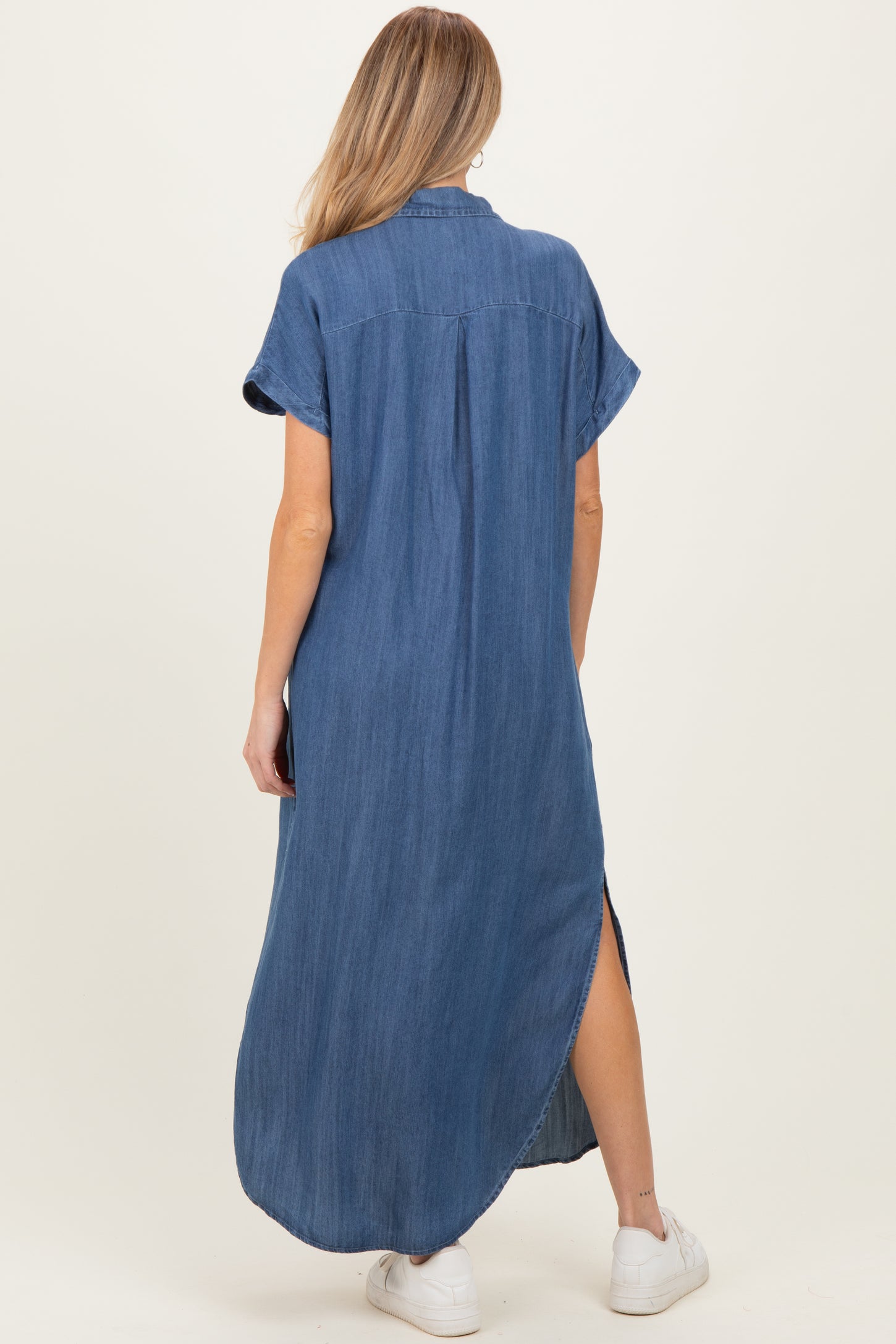 Blue Chambray Button Down Maternity Shirt Dress