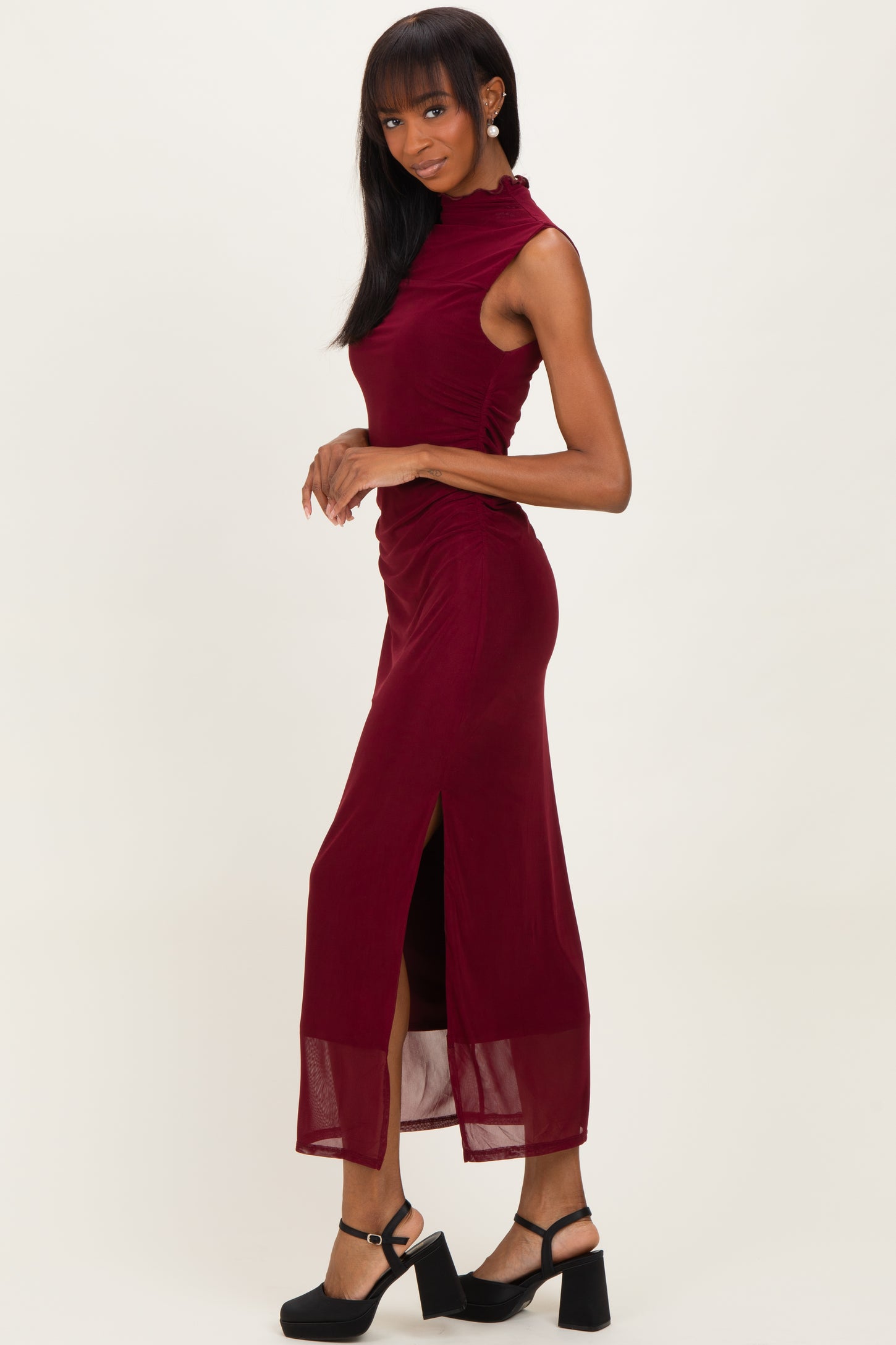 red mock neck dress Burgundy Mock Neck Ruched Mesh Midi Dress