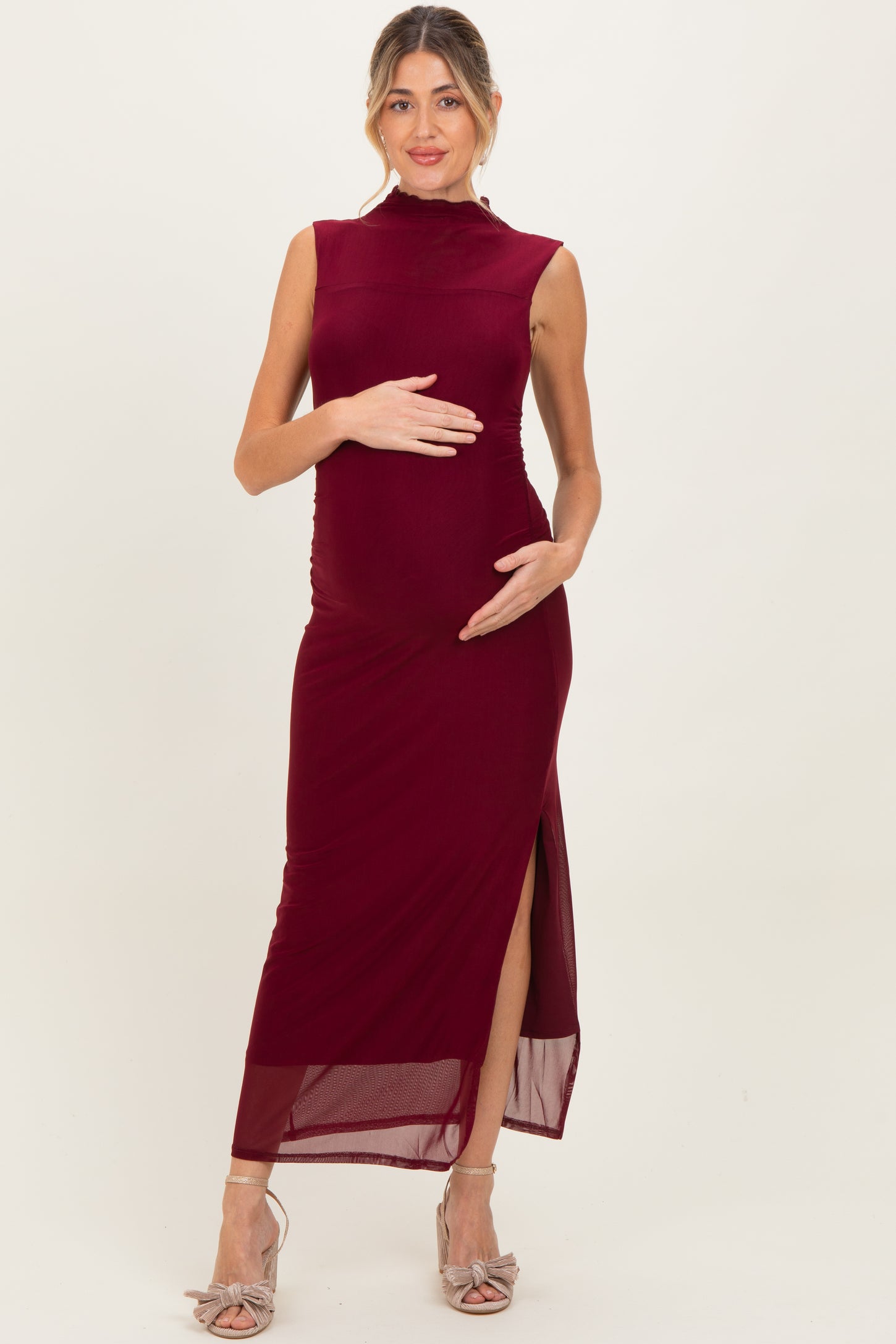Burgundy Mock Neck Ruched Mesh Maternity Midi Dress Burgundy Mock Neck Ruched Mesh Maternity Midi Dress