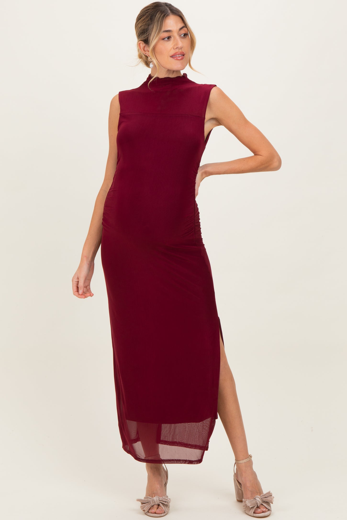 Burgundy Mock Neck Ruched Mesh Maternity Midi Dress Burgundy Mock Neck Ruched Mesh Maternity Midi Dress