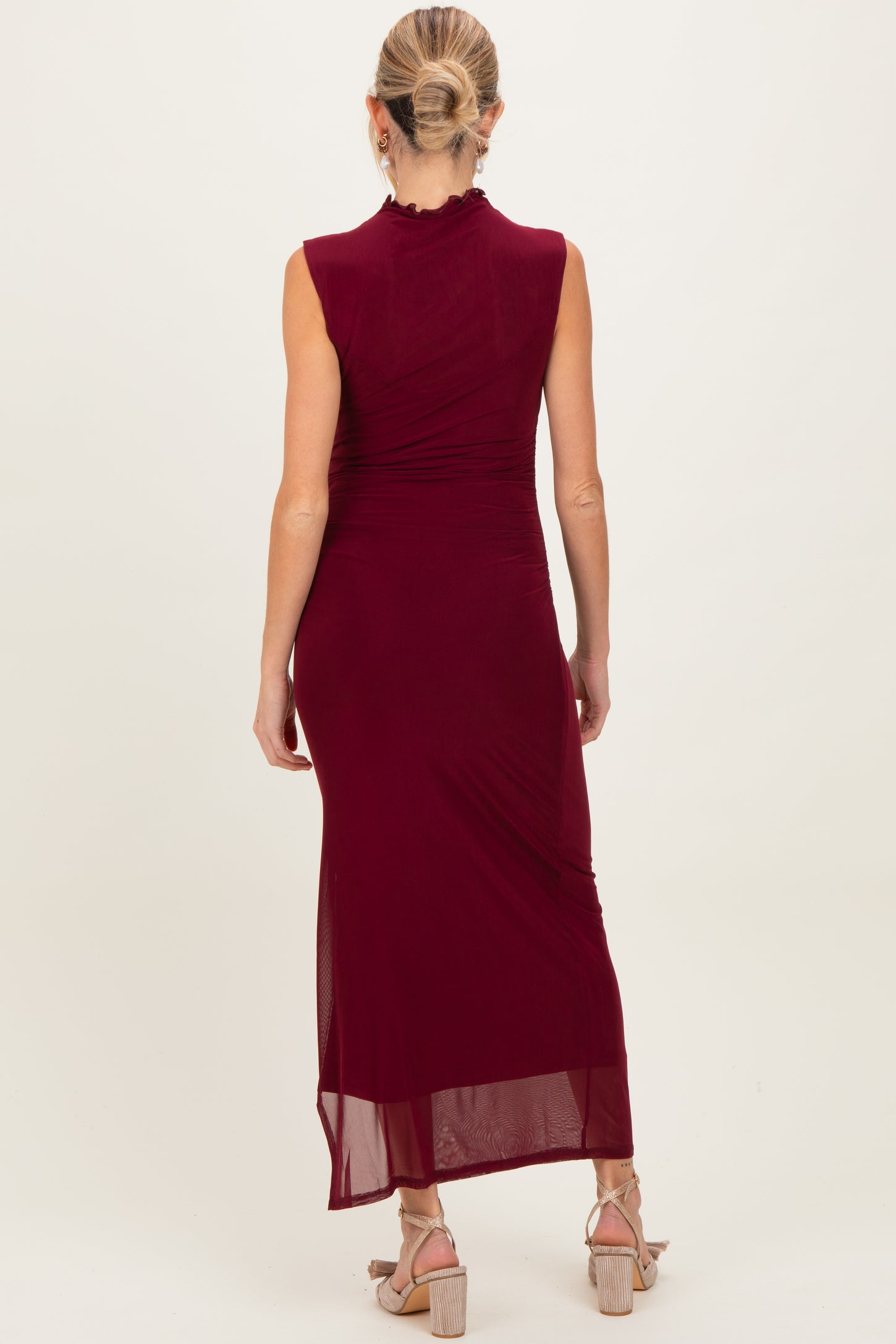 mesh ruched mock neck midi dress Romantics Mock Neck Ruched Mesh Midi Dress- Wine