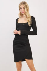 Black Ribbed Long Sleeve Ruched Tulip Skirt Dress
