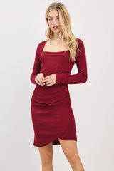 Burgundy Ribbed Long Sleeve Ruched Tulip Skirt Maternity Dress