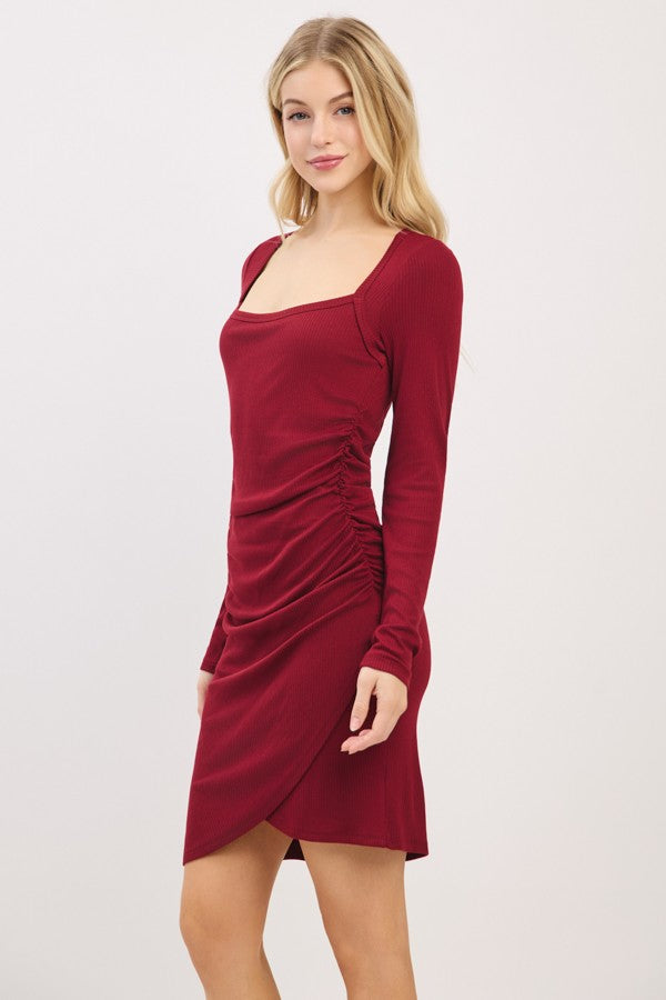 Burgundy Ribbed Long Sleeve Ruched Tulip Skirt Dress PinkBlush Burgundy Ribbed Long Sleeve Ruched Tulip Skirt Dress PinkBlush