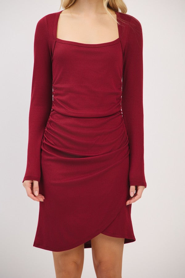 Burgundy Ribbed Long Sleeve Ruched Tulip Skirt Dress
