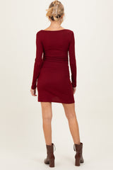 Burgundy Ribbed Long Sleeve Ruched Tulip Skirt Maternity Dress