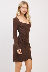 Brown Ribbed Long Sleeve Ruched Tulip Skirt Dress