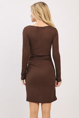 Brown Ribbed Long Sleeve Ruched Tulip Skirt Dress