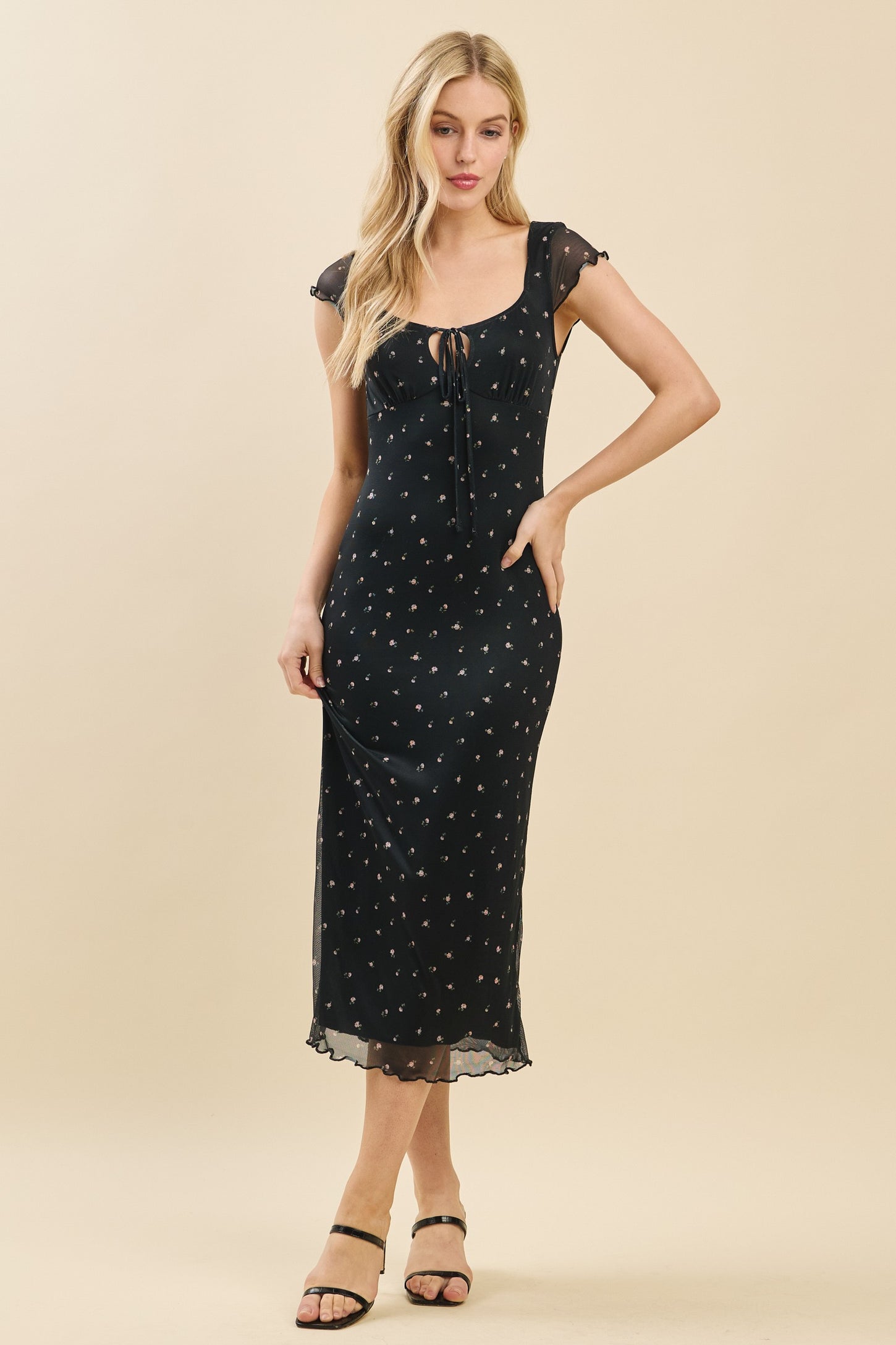 Black Floral Mesh Front Tie Cutout Maternity Midi Dress