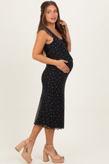 Black Floral Mesh Front Tie Cutout Maternity Midi Dress