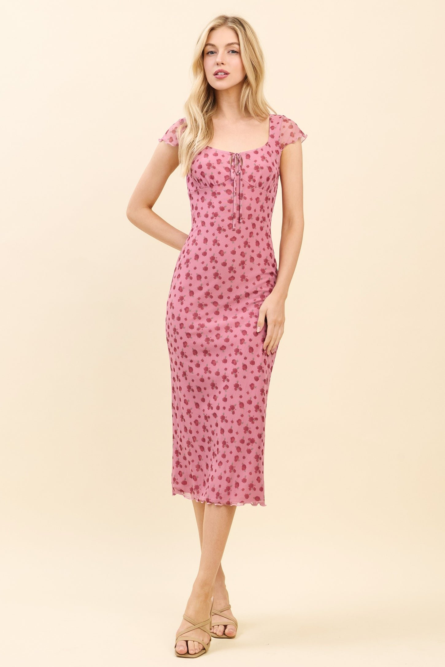 Pink Floral Mesh Front Tie Cutout Midi Dress