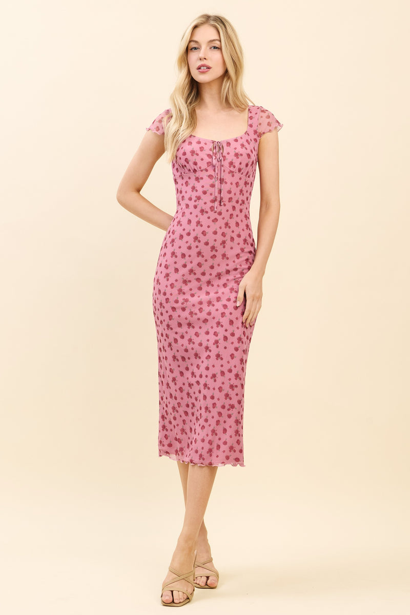 pink textured floral hillsborough midi dress Pink Floral Mesh Front Tie Cutout Midi Dress