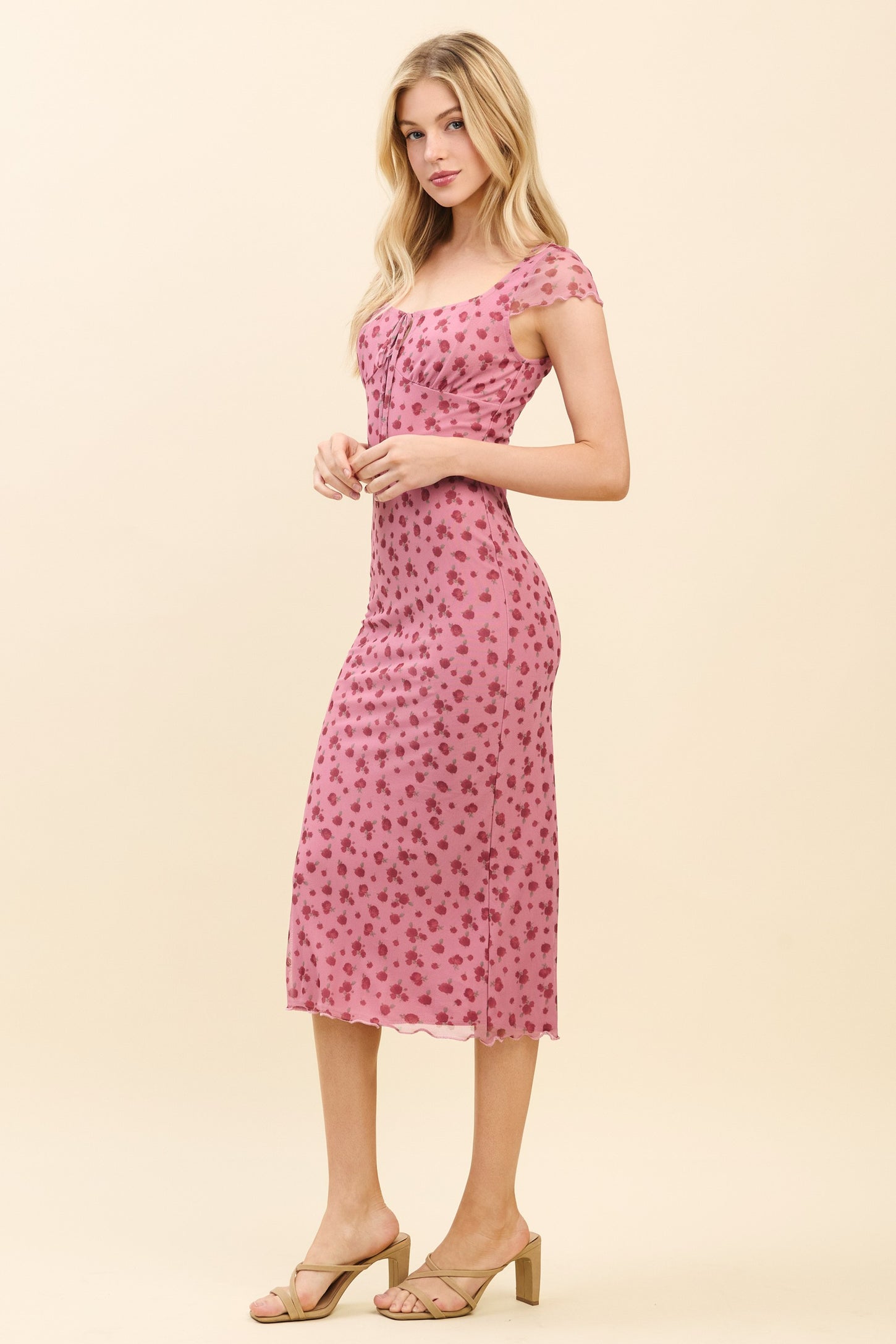 Pink Floral Mesh Front Tie Cutout Midi Dress