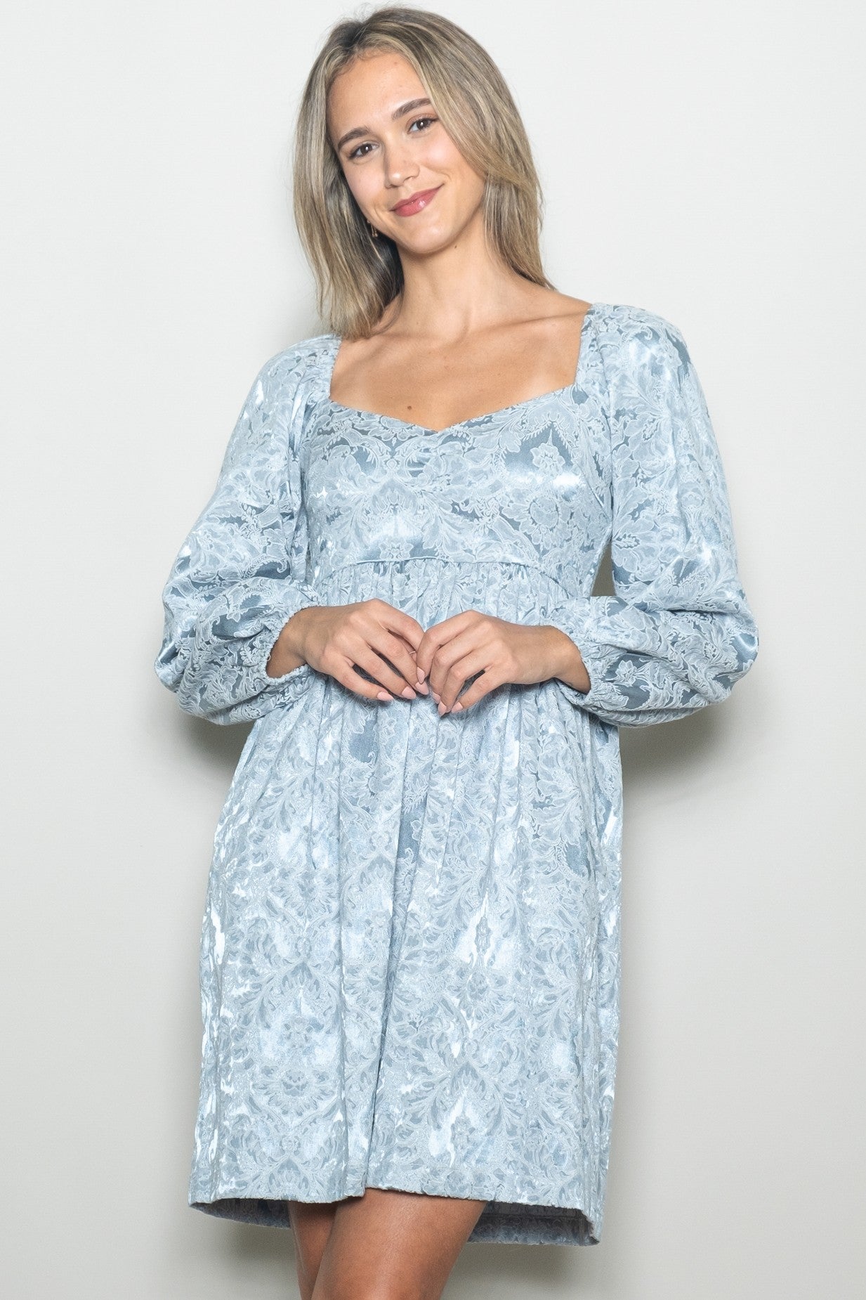 Light Blue Damask Jacquard Long Sleeve Dress