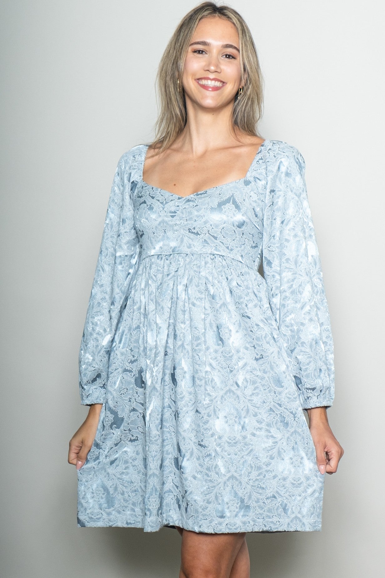 Light Blue Damask Jacquard Long Sleeve Dress