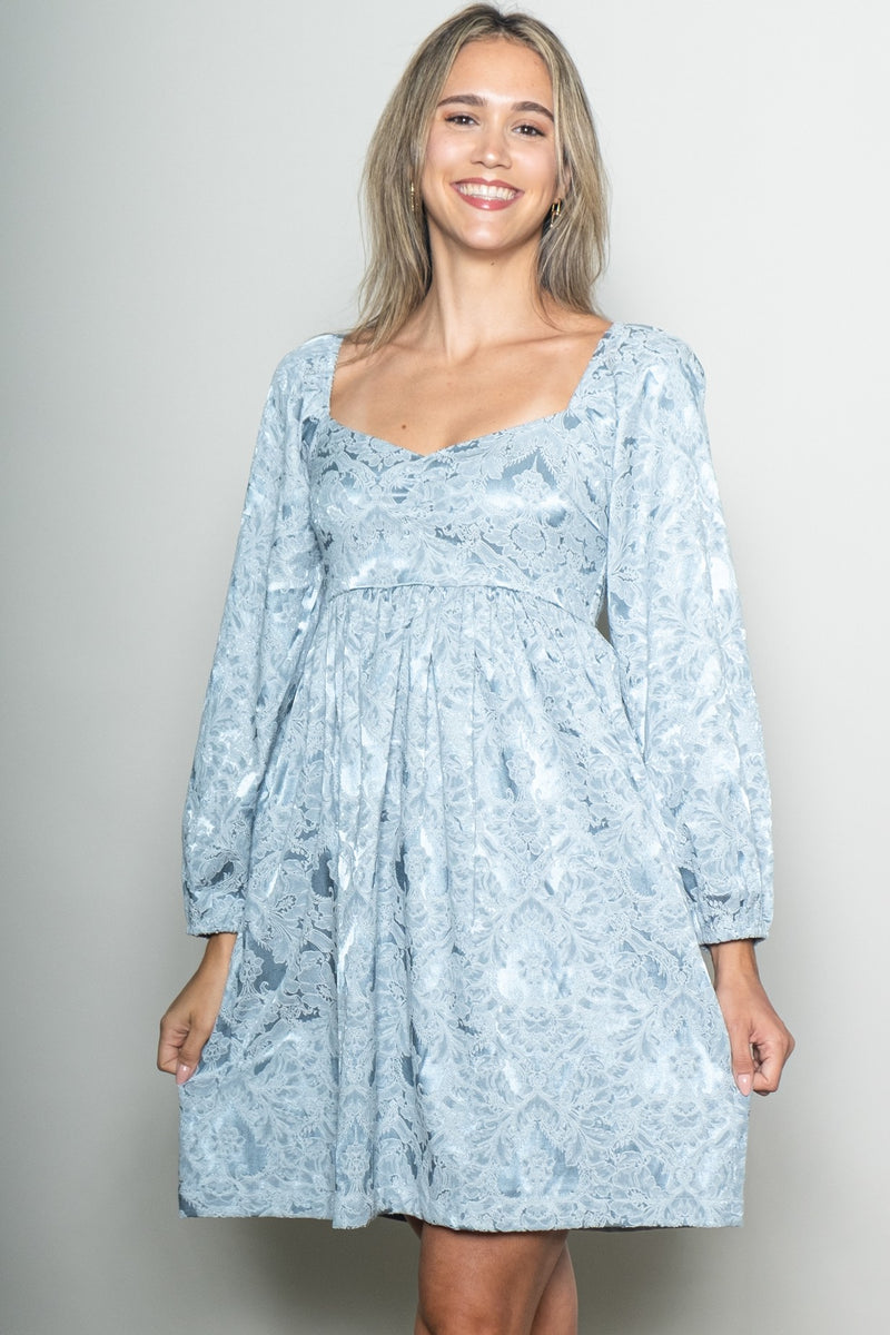 Light Blue Damask Jacquard Long Sleeve Dress – PinkBlush