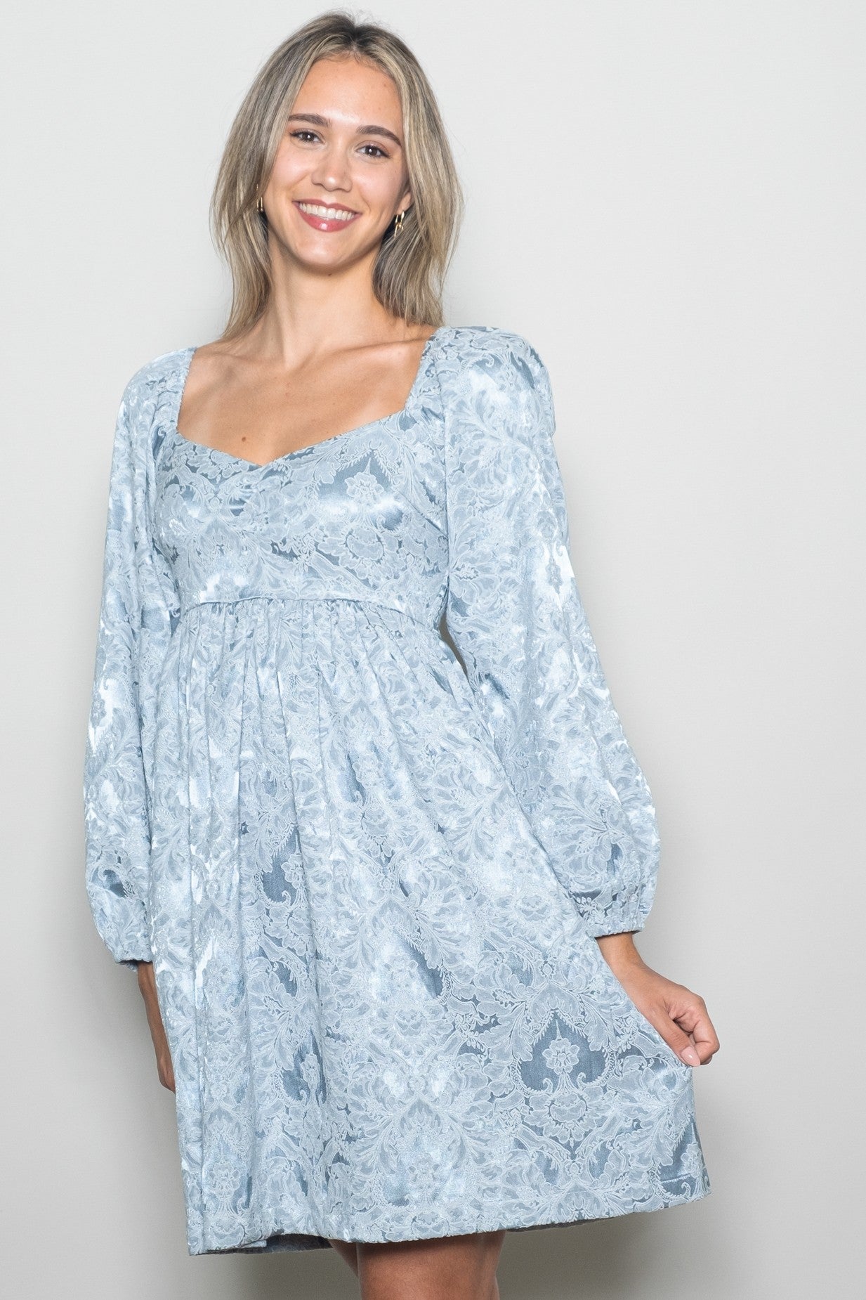 Light Blue Damask Jacquard Long Sleeve Dress