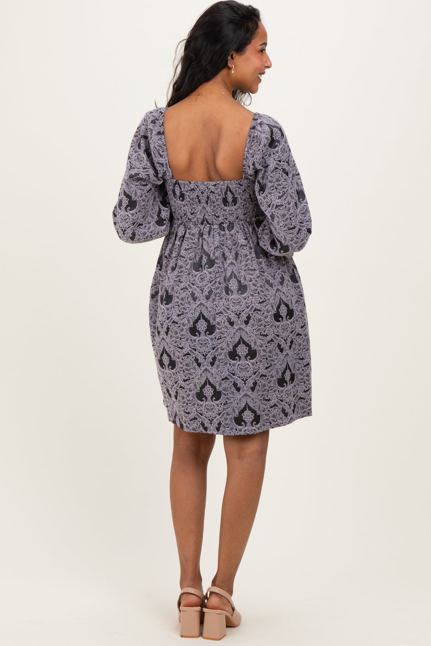 Charcoal Damask Jacquard Long Sleeve Maternity Dress