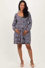 Charcoal Damask Jacquard Long Sleeve Maternity Dress