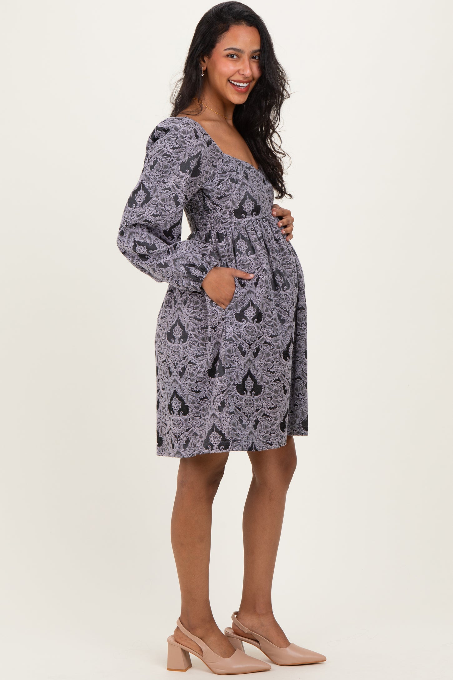 Charcoal Damask Jacquard Long Sleeve Maternity Dress