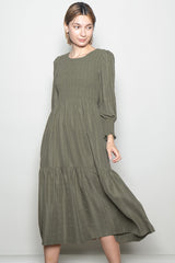 Olive Textured Stripe Smocked Maternity Midi Dress