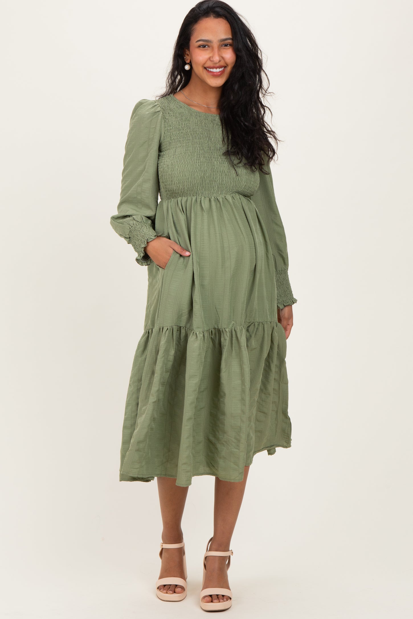 Olive Textured Stripe Smocked Maternity Midi Dress