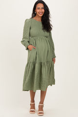 Olive Textured Stripe Smocked Maternity Midi Dress