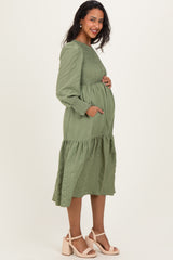Olive Textured Stripe Smocked Maternity Midi Dress