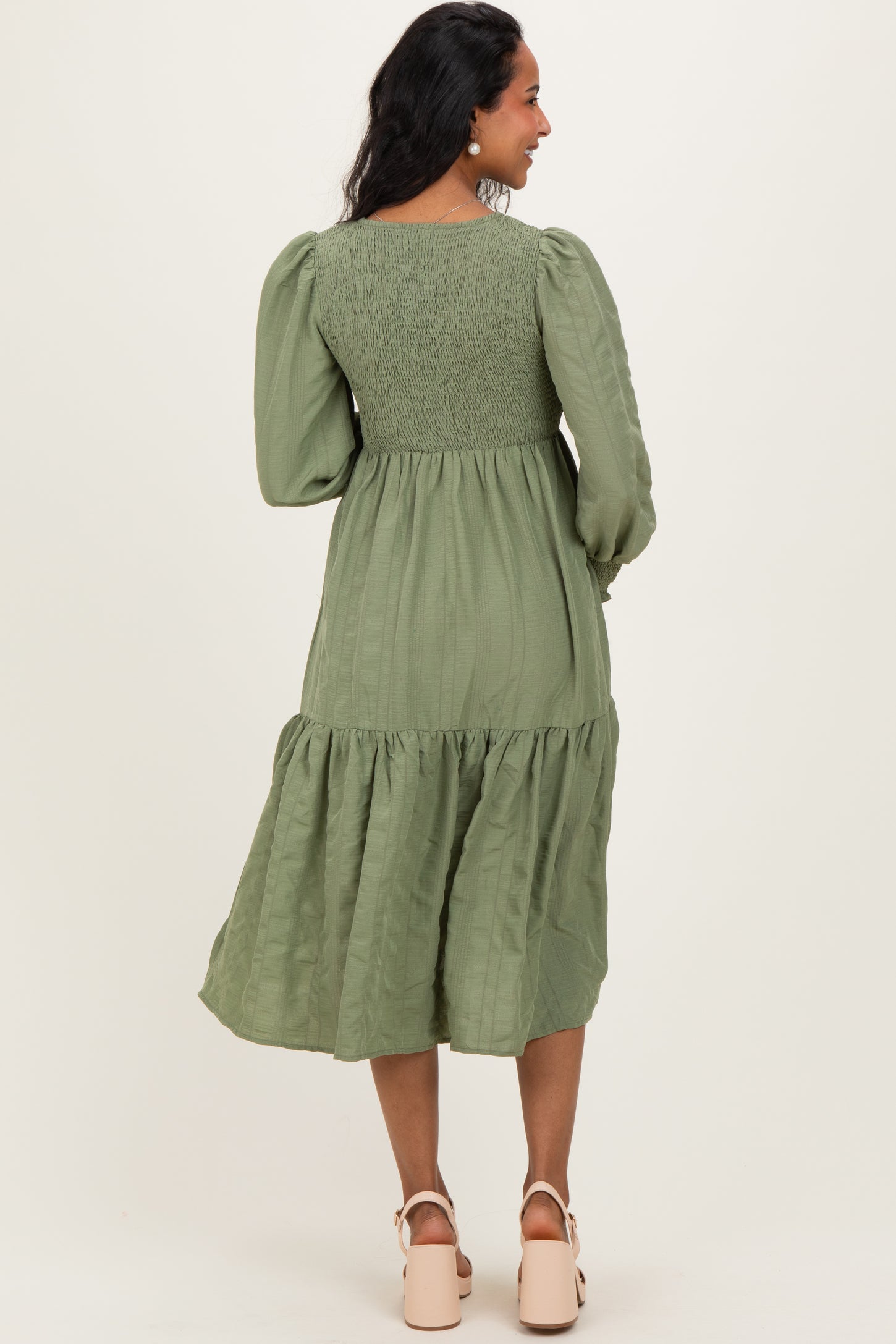 Olive Textured Stripe Smocked Maternity Midi Dress