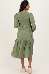 Olive Textured Stripe Smocked Maternity Midi Dress