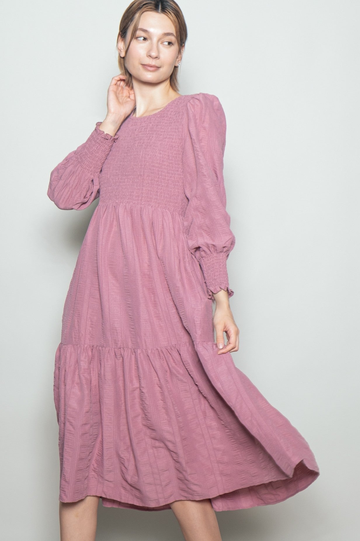 Mauve Textured Stripe Smocked Midi Dress