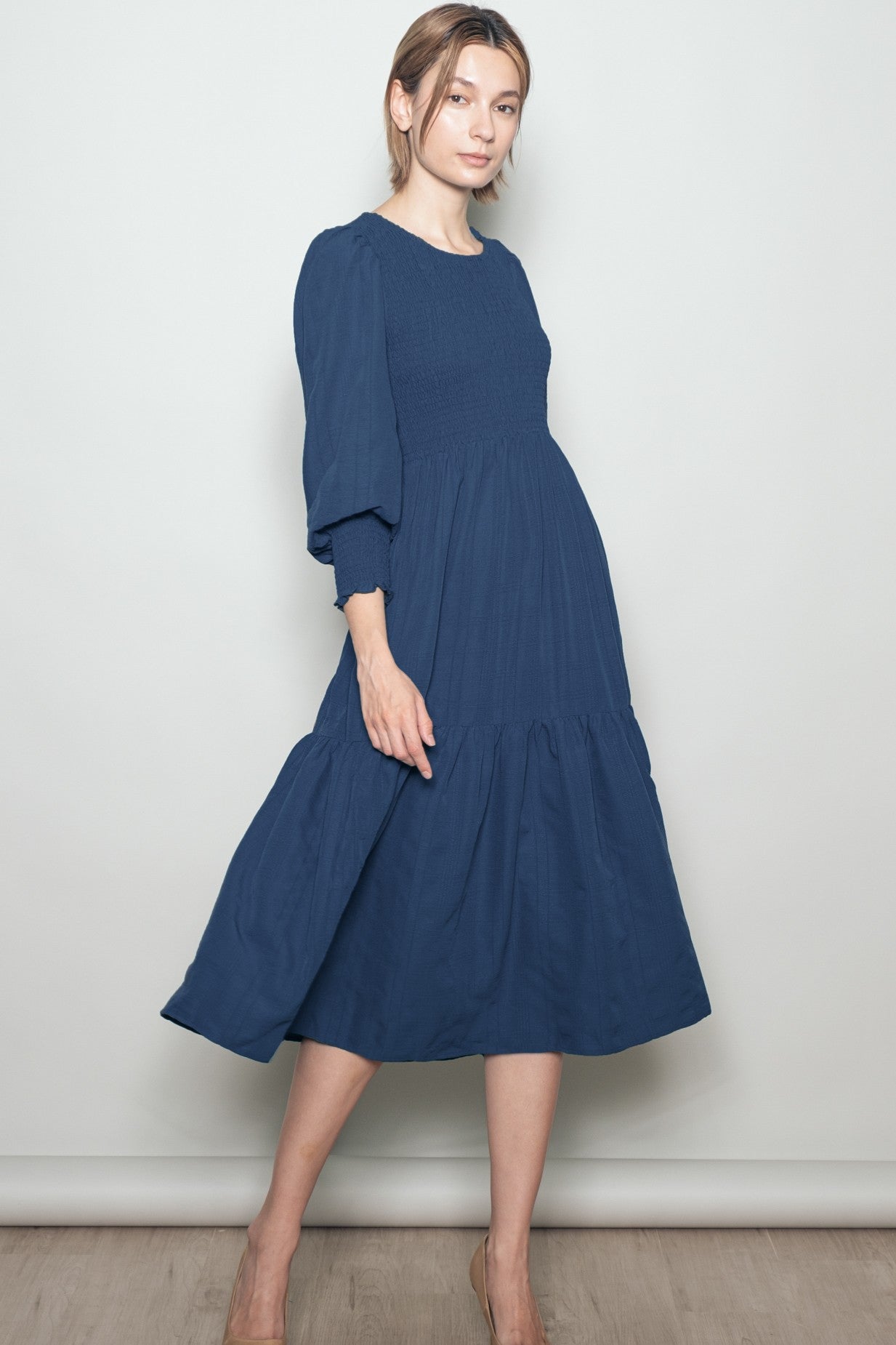 navy smocked midi dress Navy Textured Stripe Smocked Midi Dress