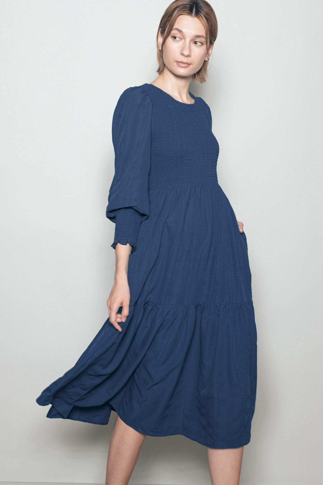 Navy Textured Stripe Smocked Midi Dress