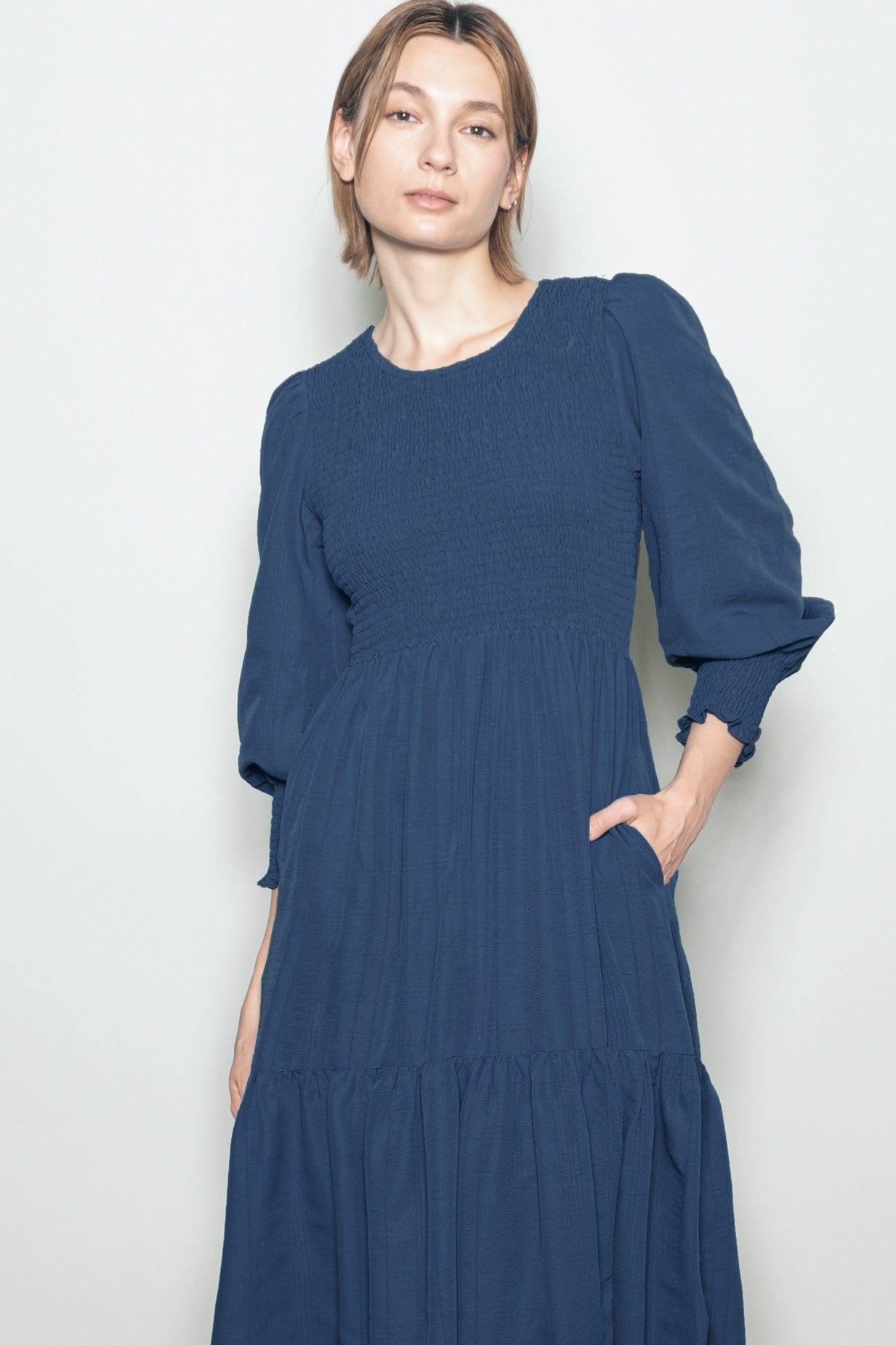 Navy Textured Stripe Smocked Midi Dress