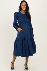 Navy Textured Stripe Smocked Maternity Midi Dress