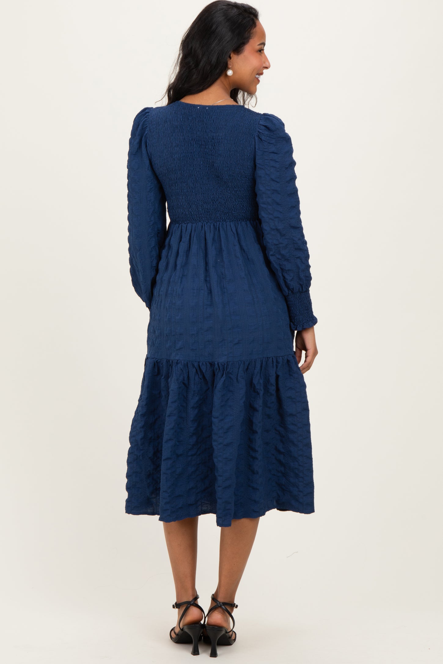 Navy Textured Stripe Smocked Maternity Midi Dress