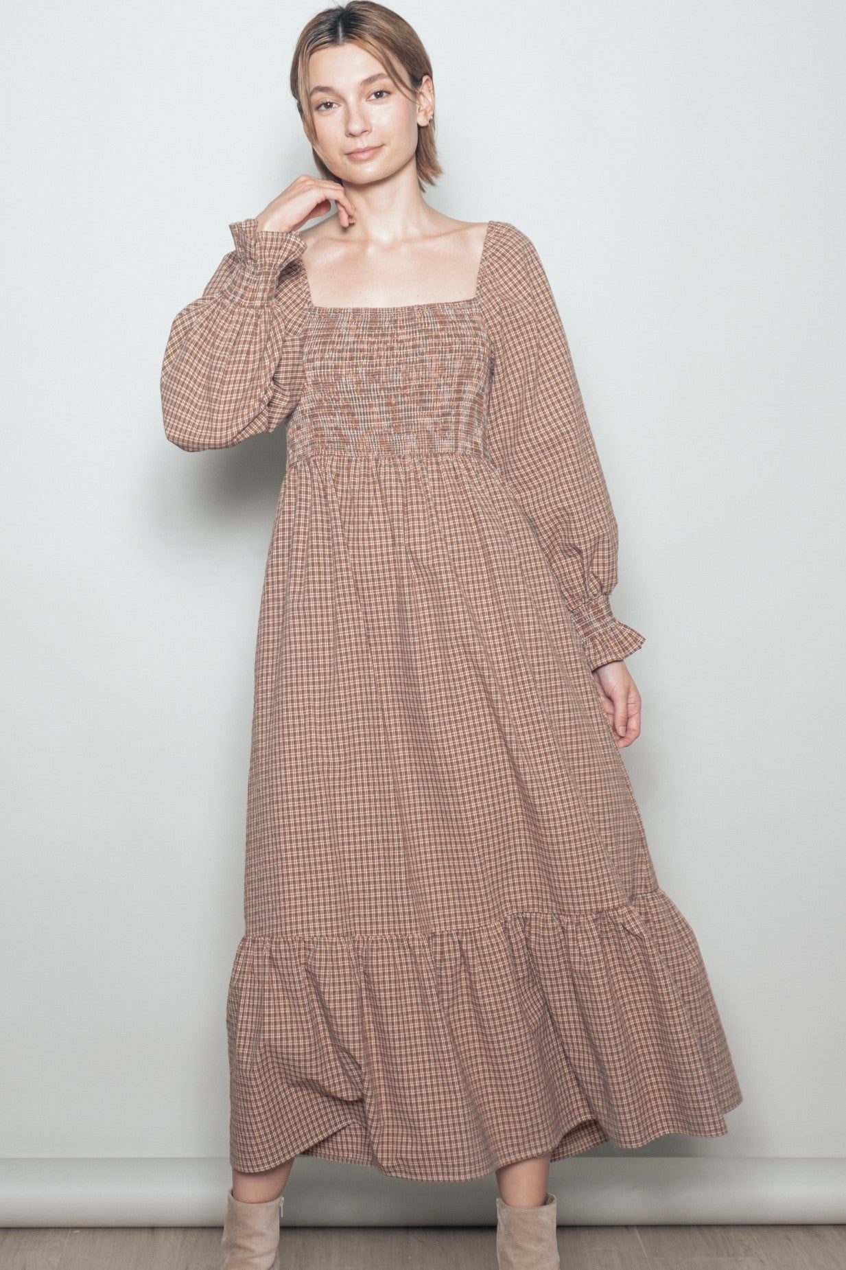 Chestnut Plaid Square Neck Long Sleeve Maxi Dress